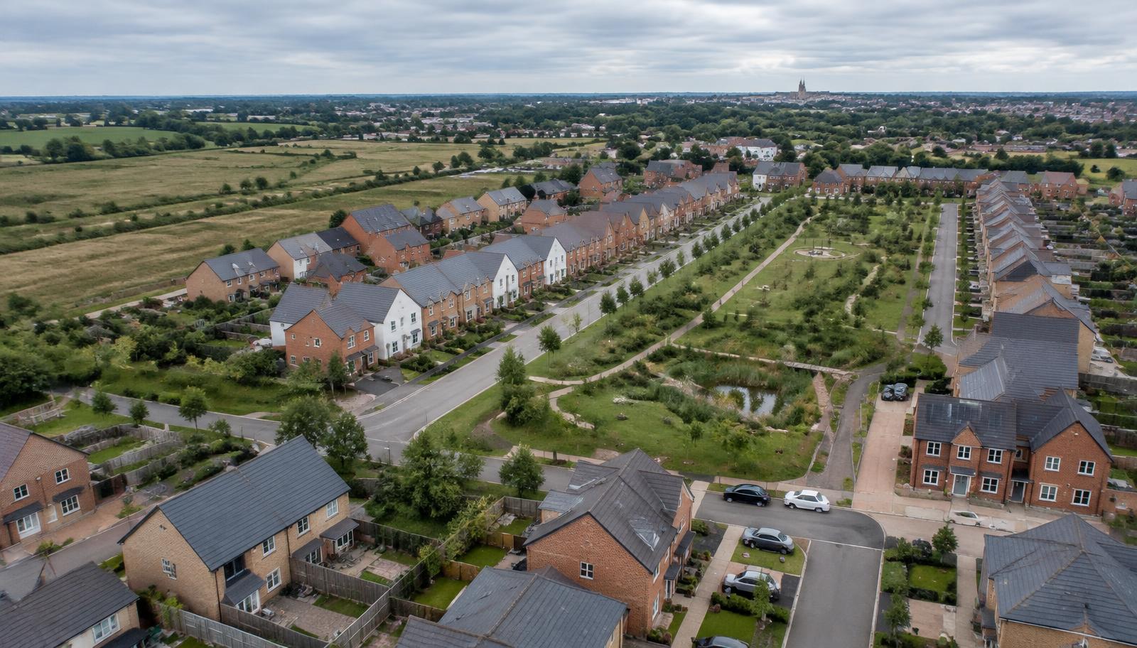 Aerial view of a modern new-build housing development near Cambridge